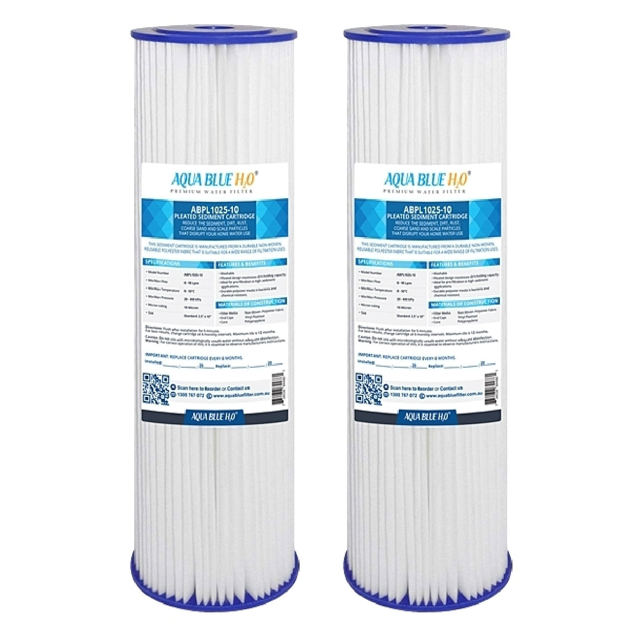 Aqua Blue H20 Washable Pleated Sediment Filter 10 x 2.5 10 Mic
