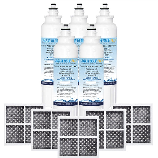 5xLG Replacement Water Filter ADQ73613401 LT800P with 5 x Air Filter ADQ73214404