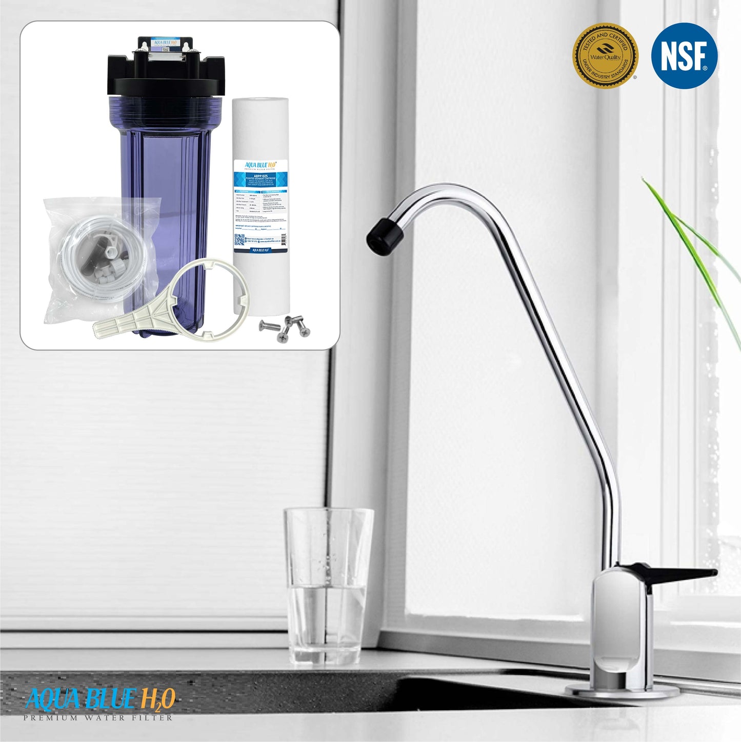 10" Clear Big Blue Filter Housing 5 Mic PP Sediment Water Filter, Reverse Osmosis Faucet, Connection Kit Set