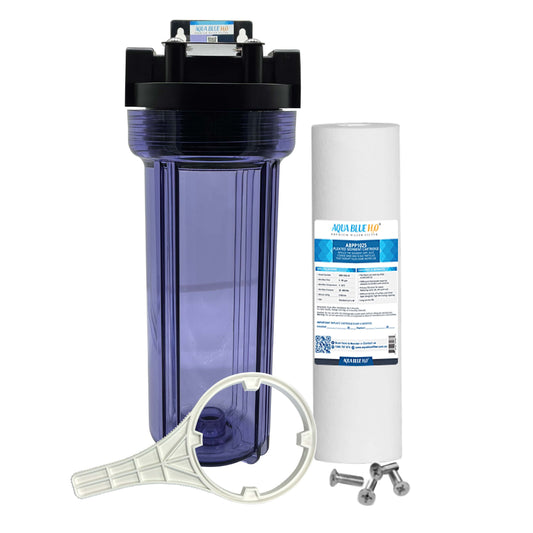 Whole house water filter system with transparent bottle including filter standard fitting