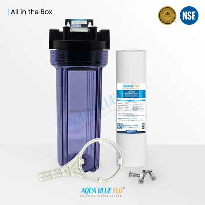 Whole house water filter system with transparent bottle including filter standard fitting
