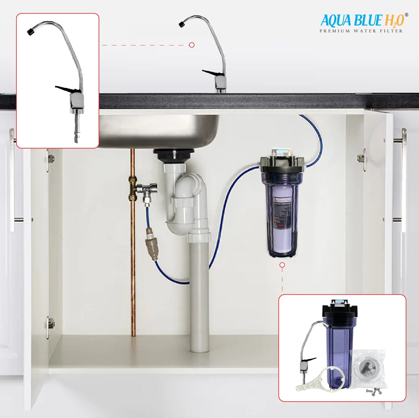 10" Clear Big Blue Filter Housing 5 Mic PP Sediment Water Filter, Reverse Osmosis Faucet, Connection Kit Set
