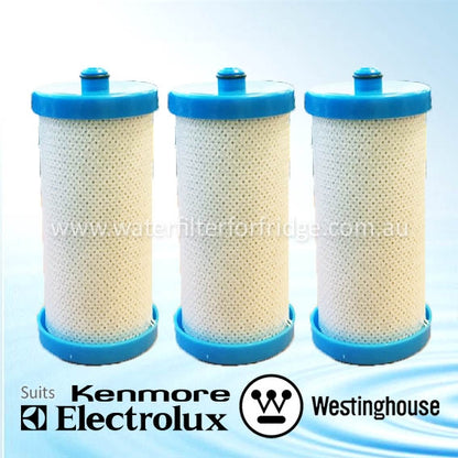 3x Aqua Blue H2O Westinghouse, Electrolux 1438545 Fridge Water Filter - 218904501 WF1CB−WF