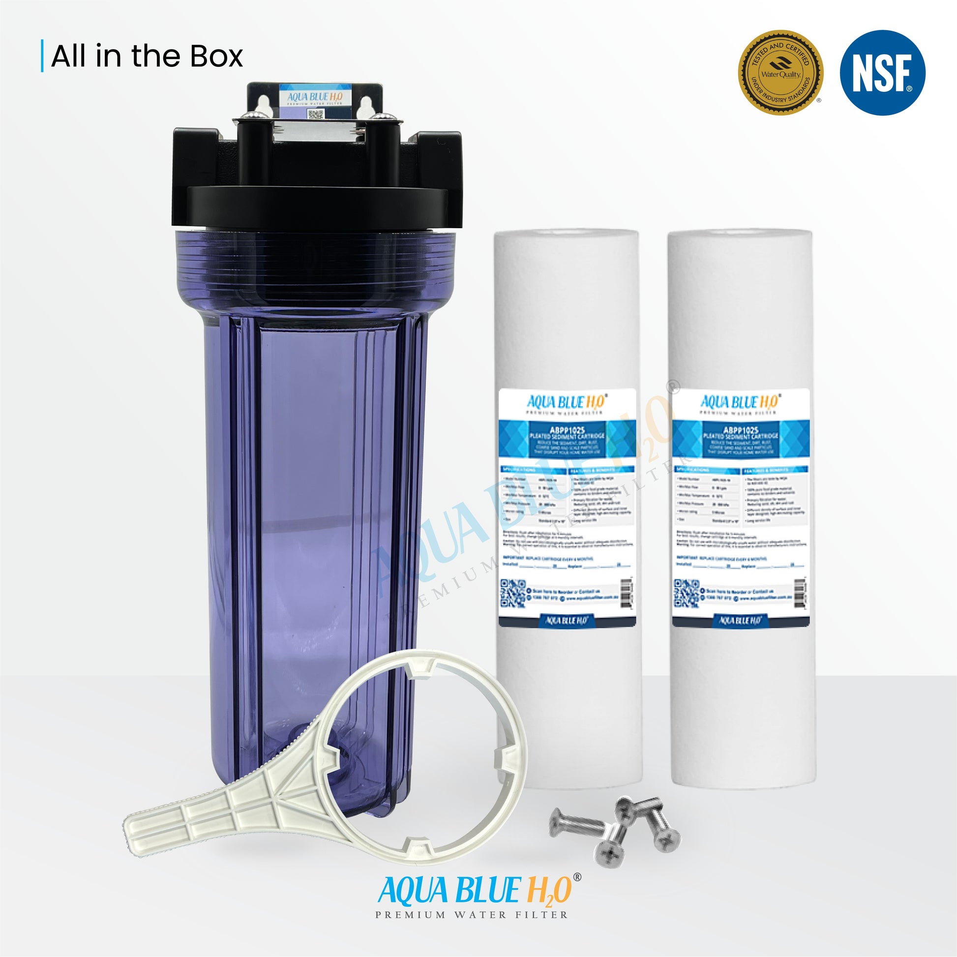 Whole house water filter system with transparent bottle including filter standard fitting
