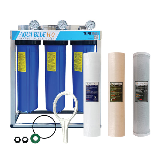 20" Big Blue Triple Housing with Stand PP Sediment supported with NANO-ZINC, Activated Carbon Block Filters
